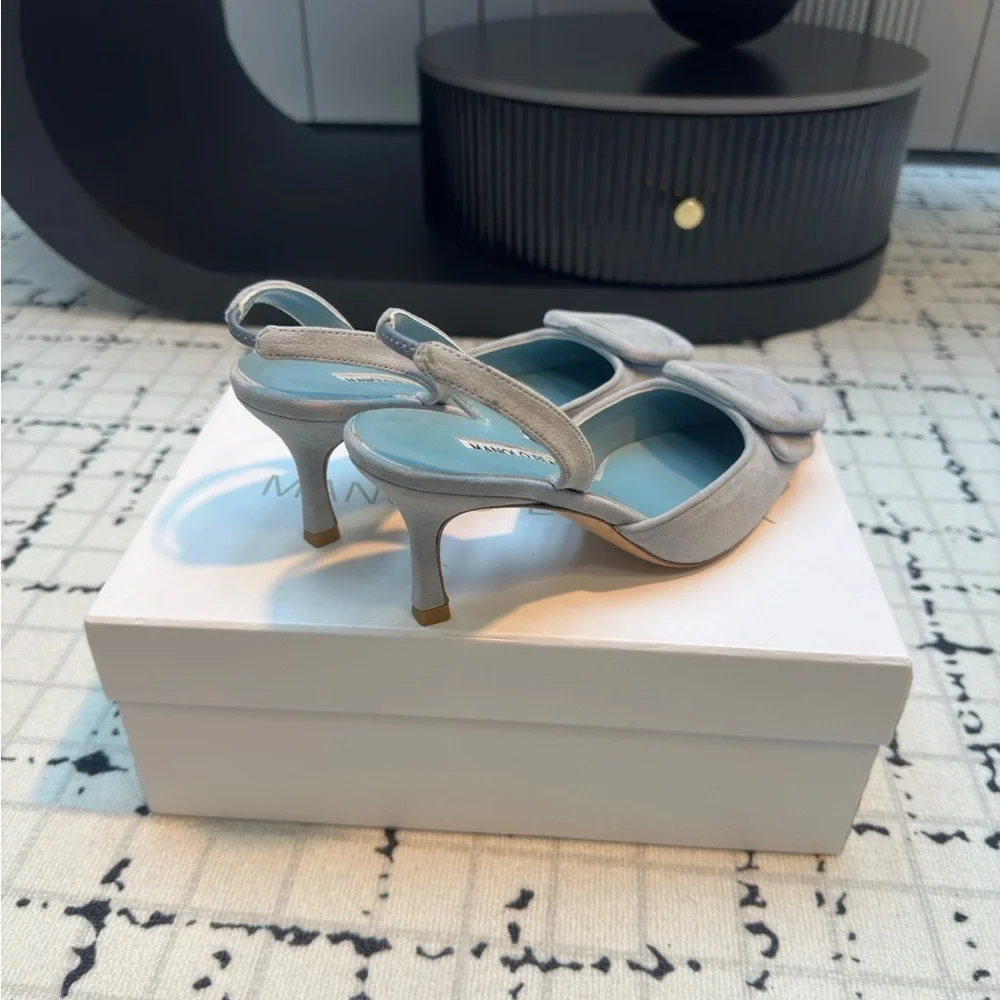 Manolo Blahnik Light Gray Suede Pointed Slingback Pumps with Buckle
